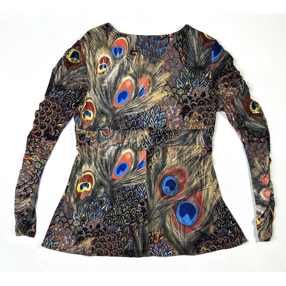 Boston Proper Top Womens Large Jeweled Peacock Print Long Sleeve V-Neck USA Made - Picture 9 of 13
